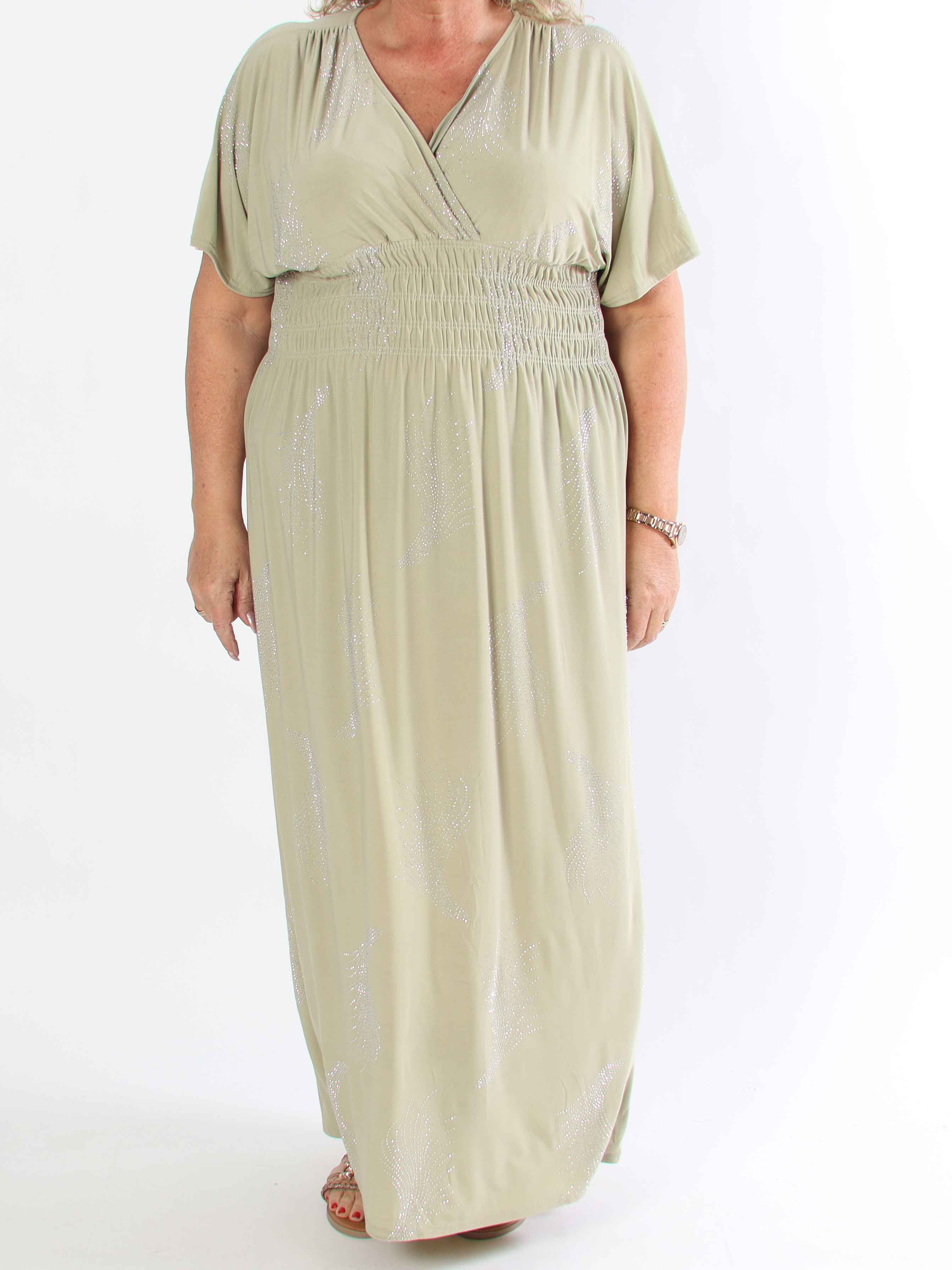 Pams Leaf Crystal - Lang elastisk plus size kjole med mønster af similisten